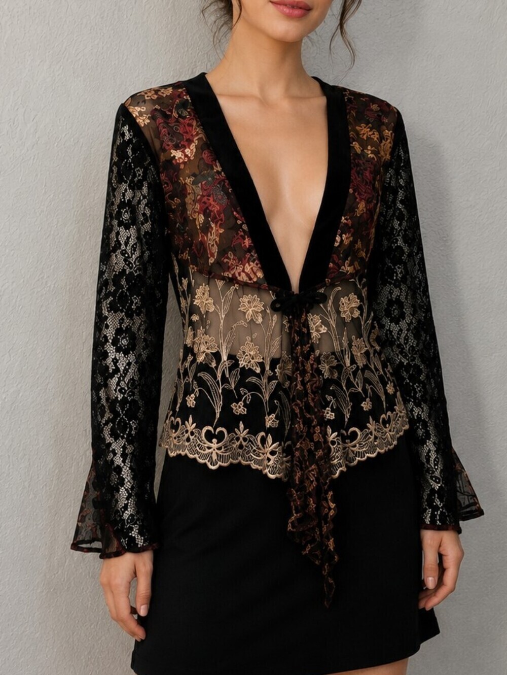 Vintage Floral Black Lace Witchy Goth Kimono